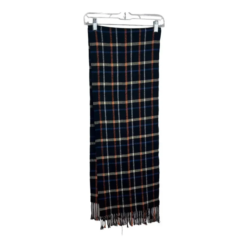 Scottish Plaid Scarf Cashmere Black Orange Blue Cream Fringed
